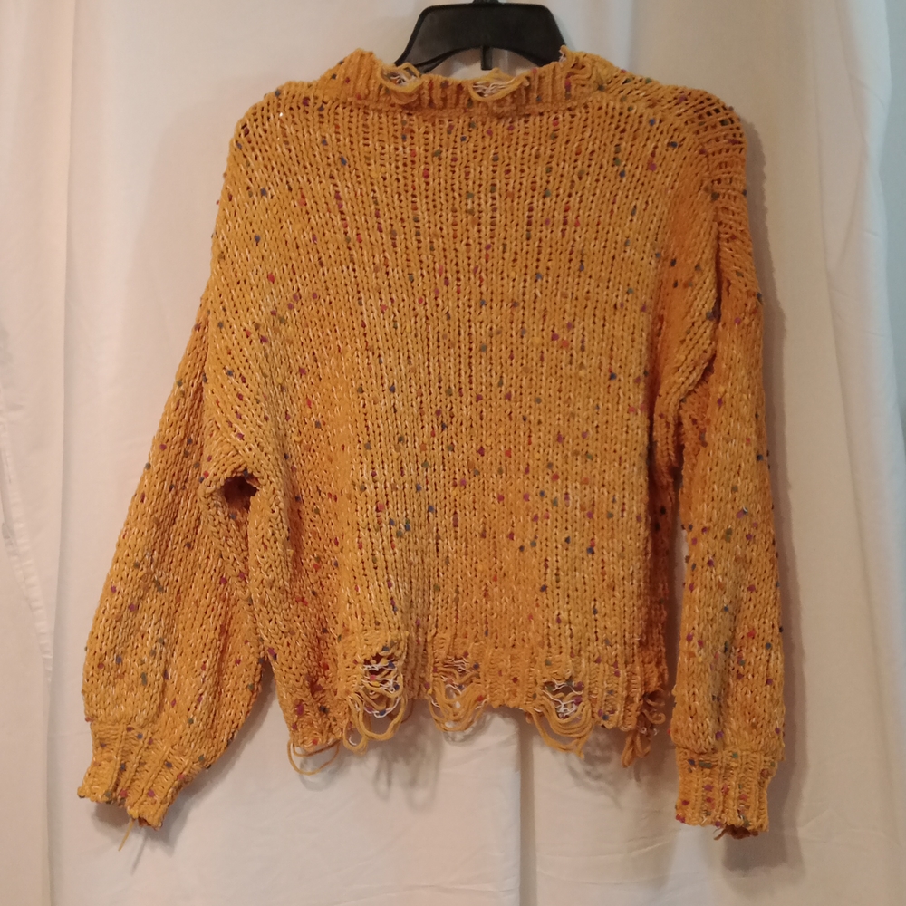 124 Pol Confetti knitted mustard distress sweater with bubble sleeves size S✔️ - Picture 2 of 10